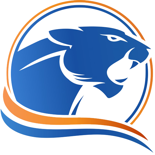 A blue and orange logo of a panther in a circle