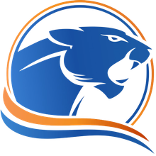 A blue and orange logo of a panther in a circle