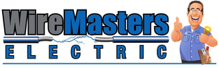 A logo for wiremasters electric with a man giving a thumbs up