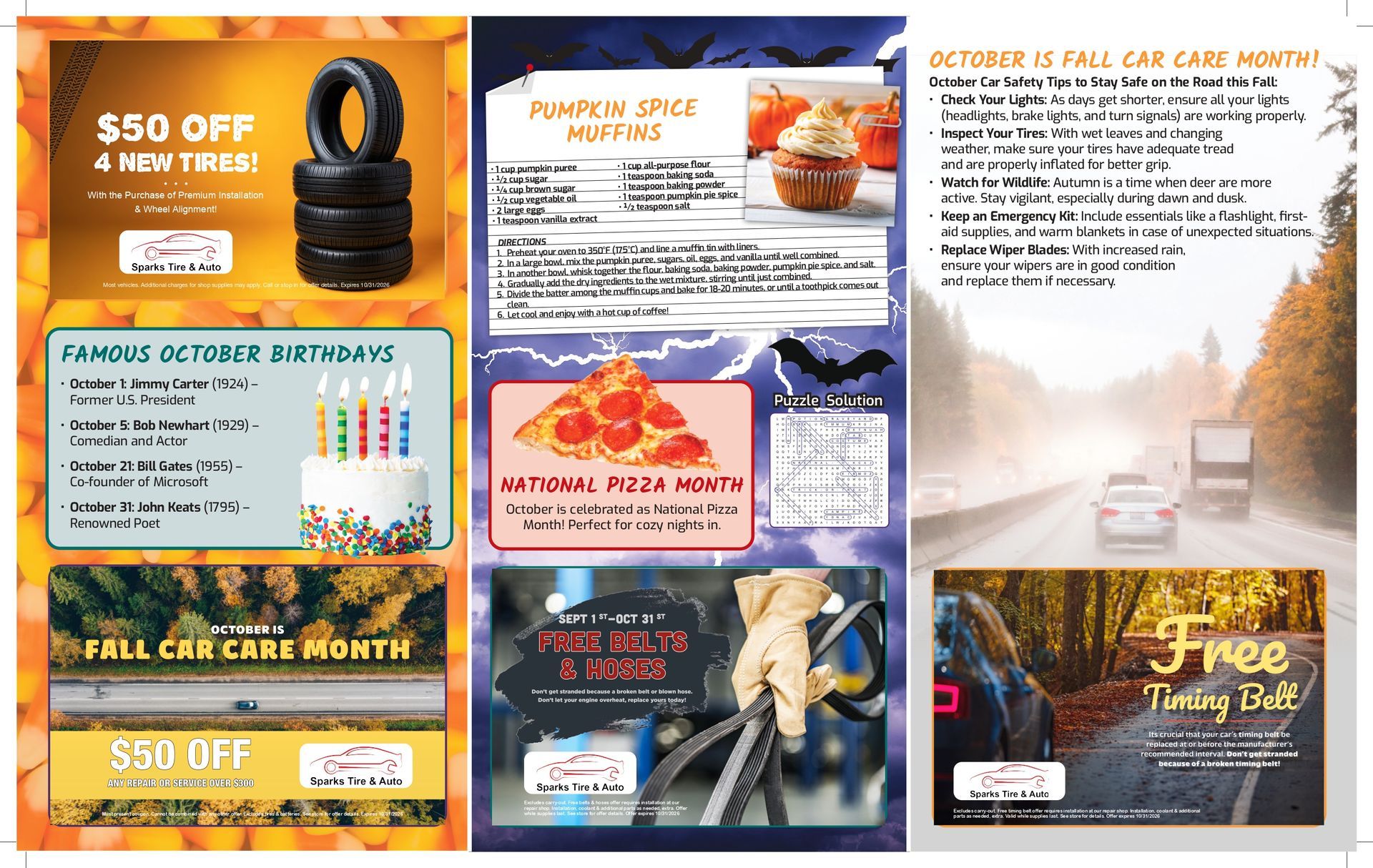 Summer fruit-themed flyer collage with event announcements, recipes, and discount offers | Sparks Tire & Auto