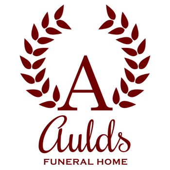 Maroon logo for Aulds Funeral Home: a laurel wreath encircles a large 