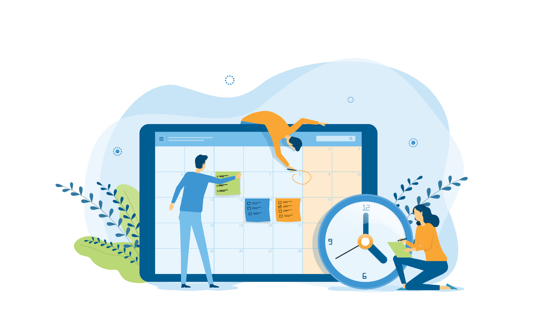 Team planning on a large laptop calendar with sticky notes and a clock, suggesting scheduling and deadlines