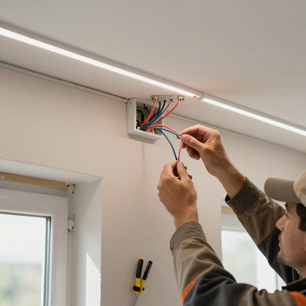 Technician wiring an open electrical panel in a gray wall cabinet