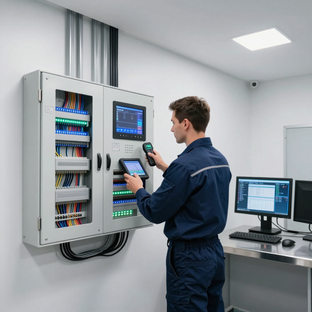 Technician checks an electrical control panel in a clean industrial room, with a computer workstation nearby.