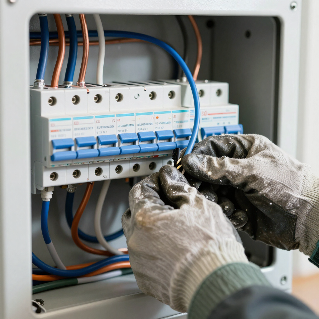 Gloved hands flipping switches in an electrical breaker panel with blue wires