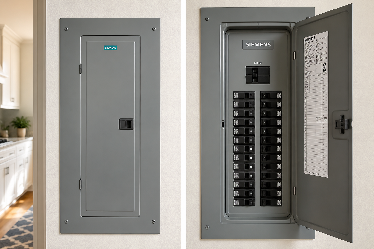 Technician wiring an open electrical control panel in a metal cabinet