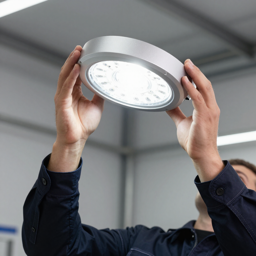 Hands holding up a round silver LED ceiling light in a workshop.