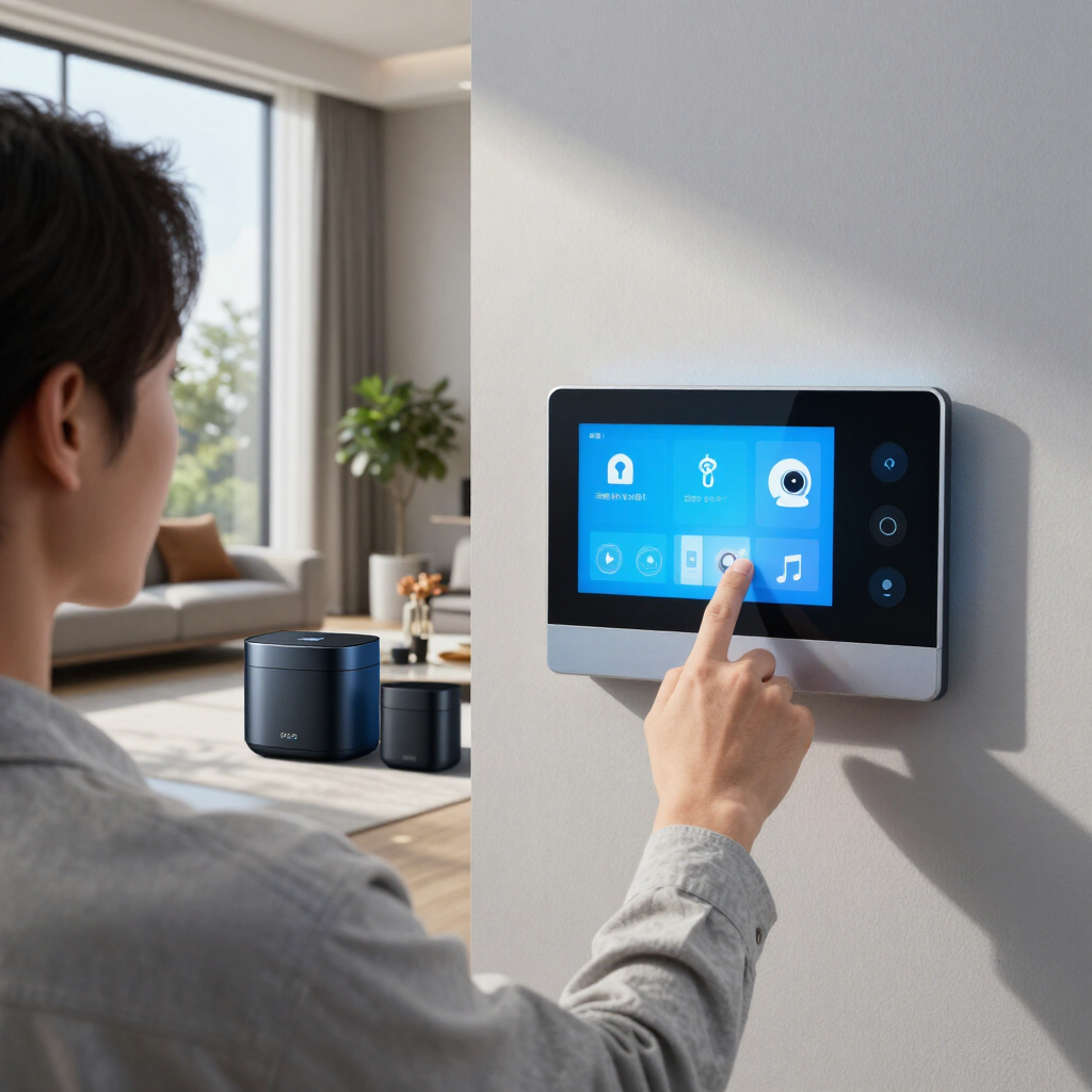 Person taps a smart home control panel in a bright living room.