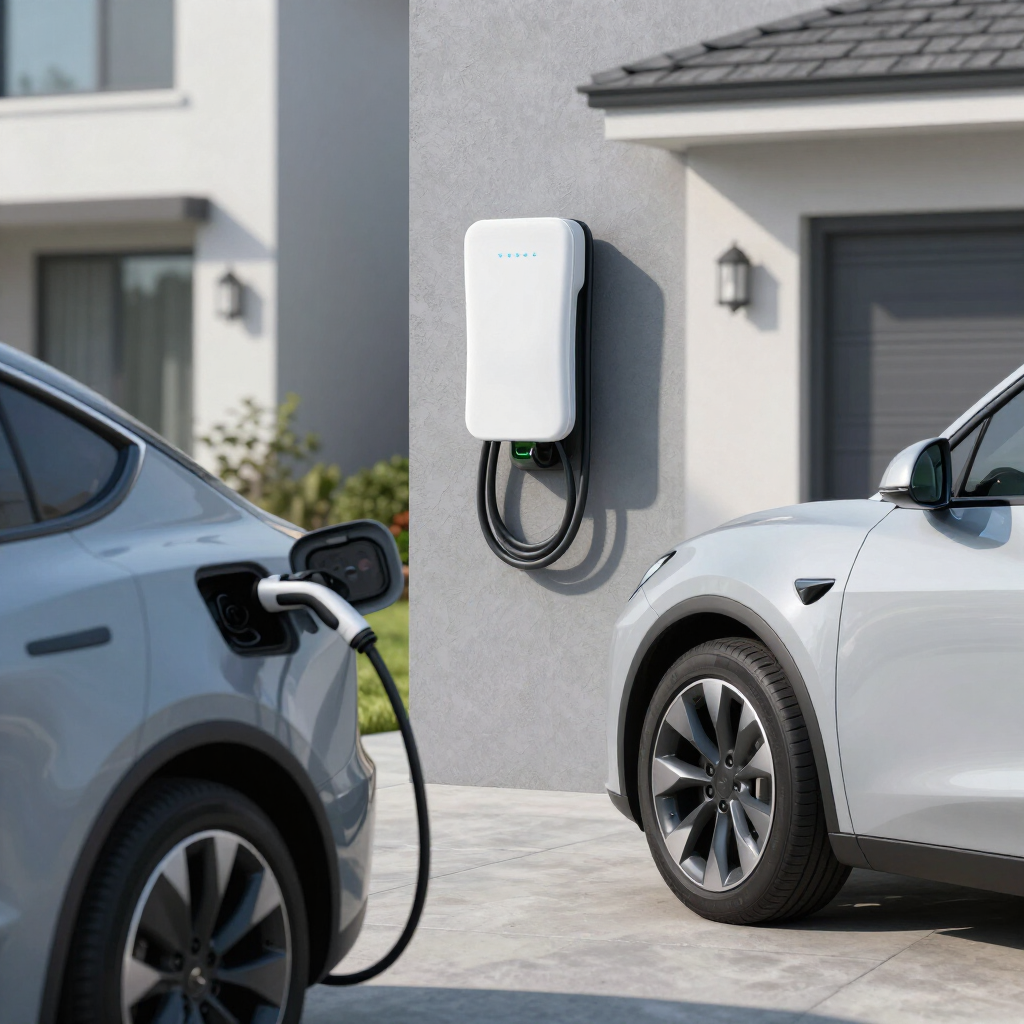 Two electric SUVs charging at a home wall charger in a driveway