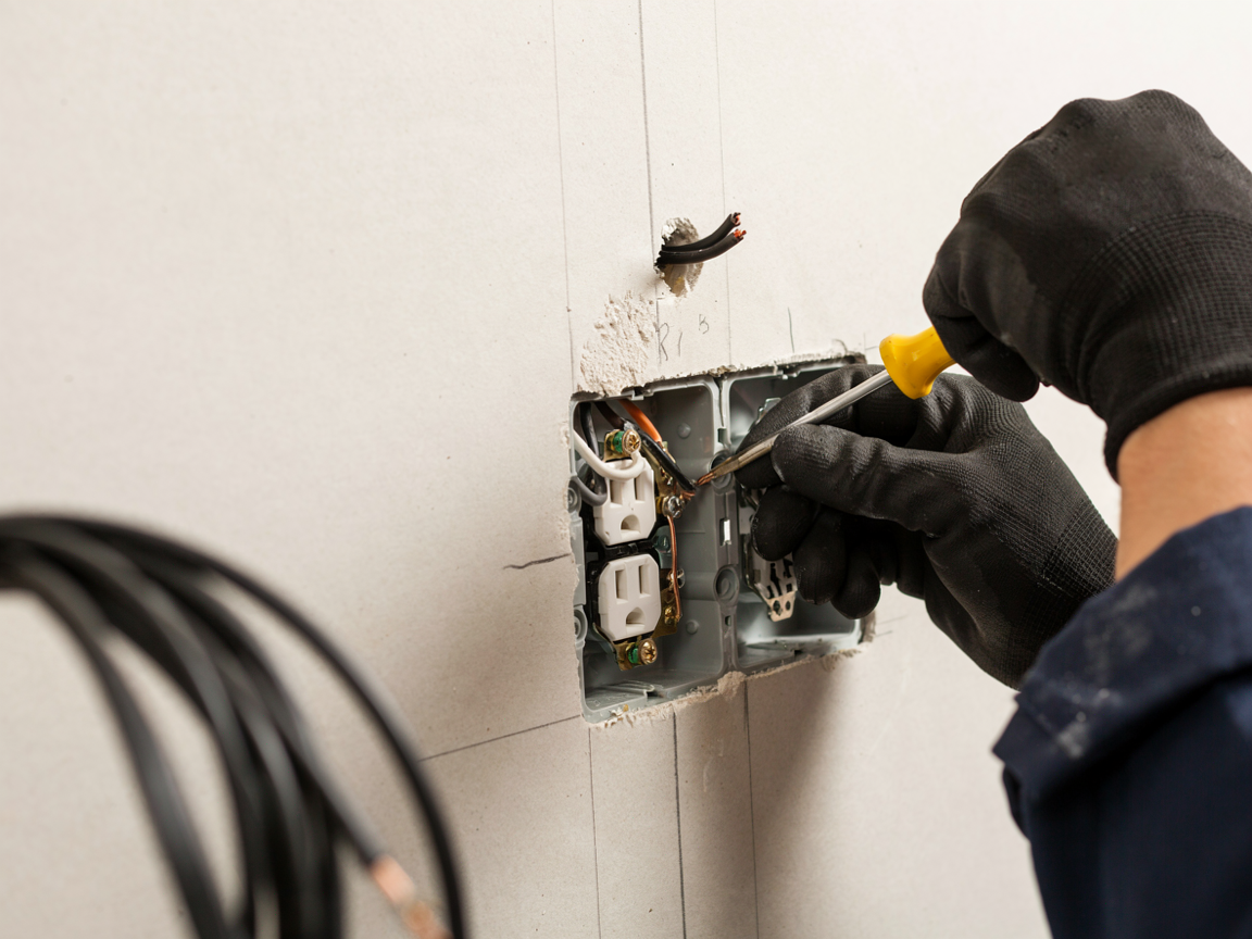 Electrician wiring a wall outlet in a kitchen, with tools spread on the countertop.