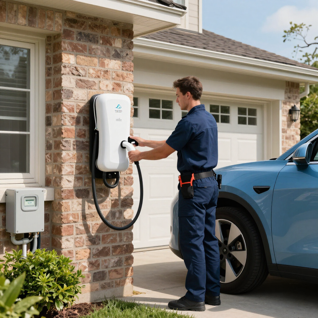 Technician charging an electric car at a wall-mounted home EV charger in a driveway