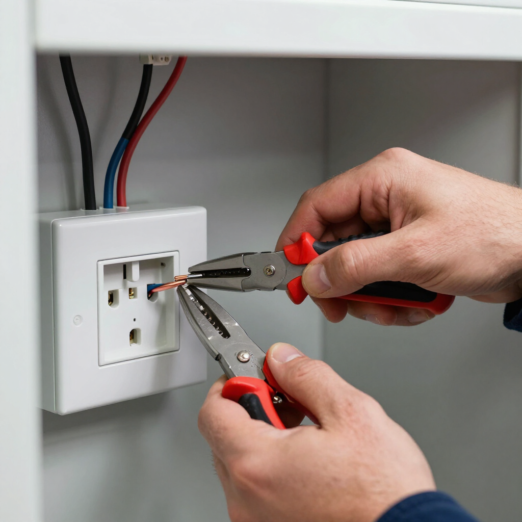 Hands using pliers to work on electrical wires at a wall outlet panel