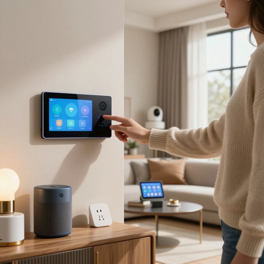 Person tapping a wall-mounted smart home control panel in a modern living room