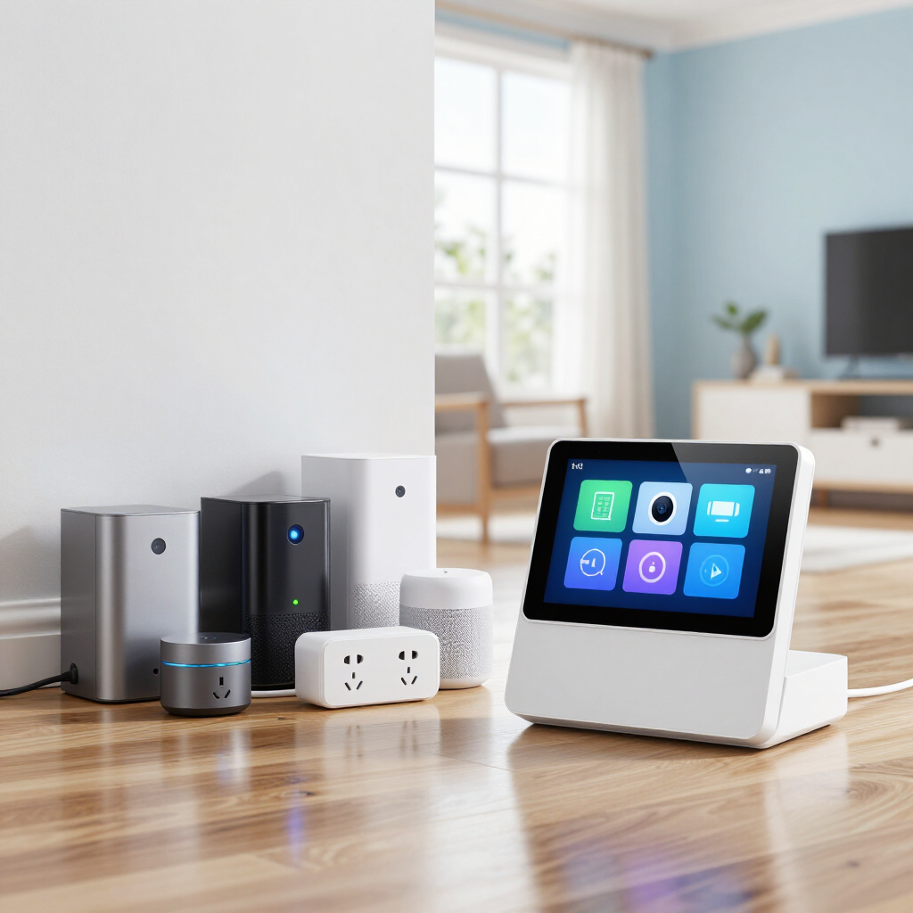 Smart home devices and a touchscreen hub on a wooden floor in a bright living room