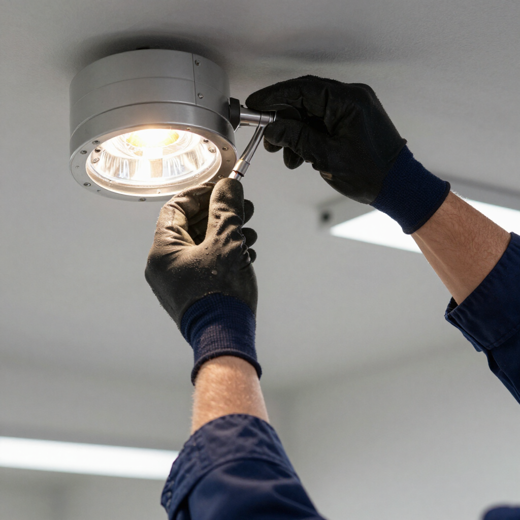 Hands using a screwdriver to adjust a ceiling light fixture.