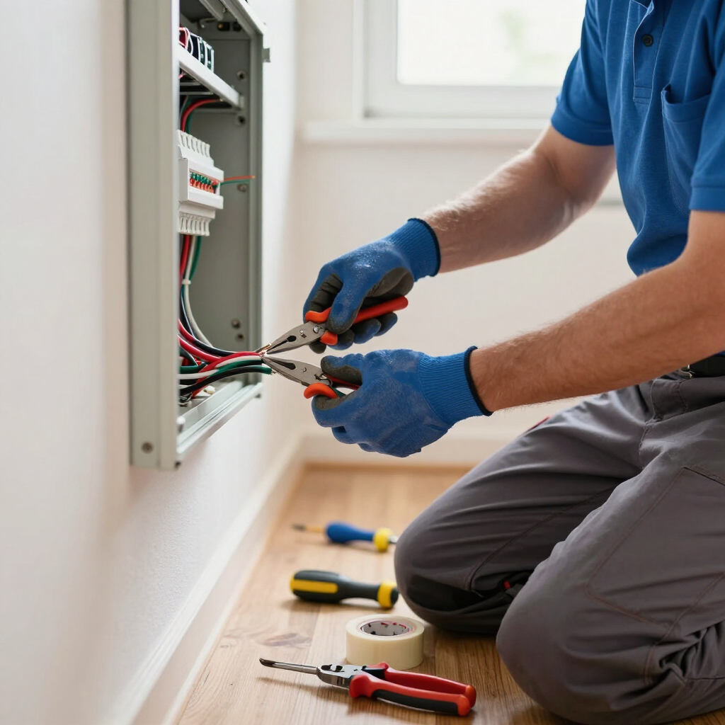 Electrician in blue gloves wiring an open wall electrical panel with tools on the floor.