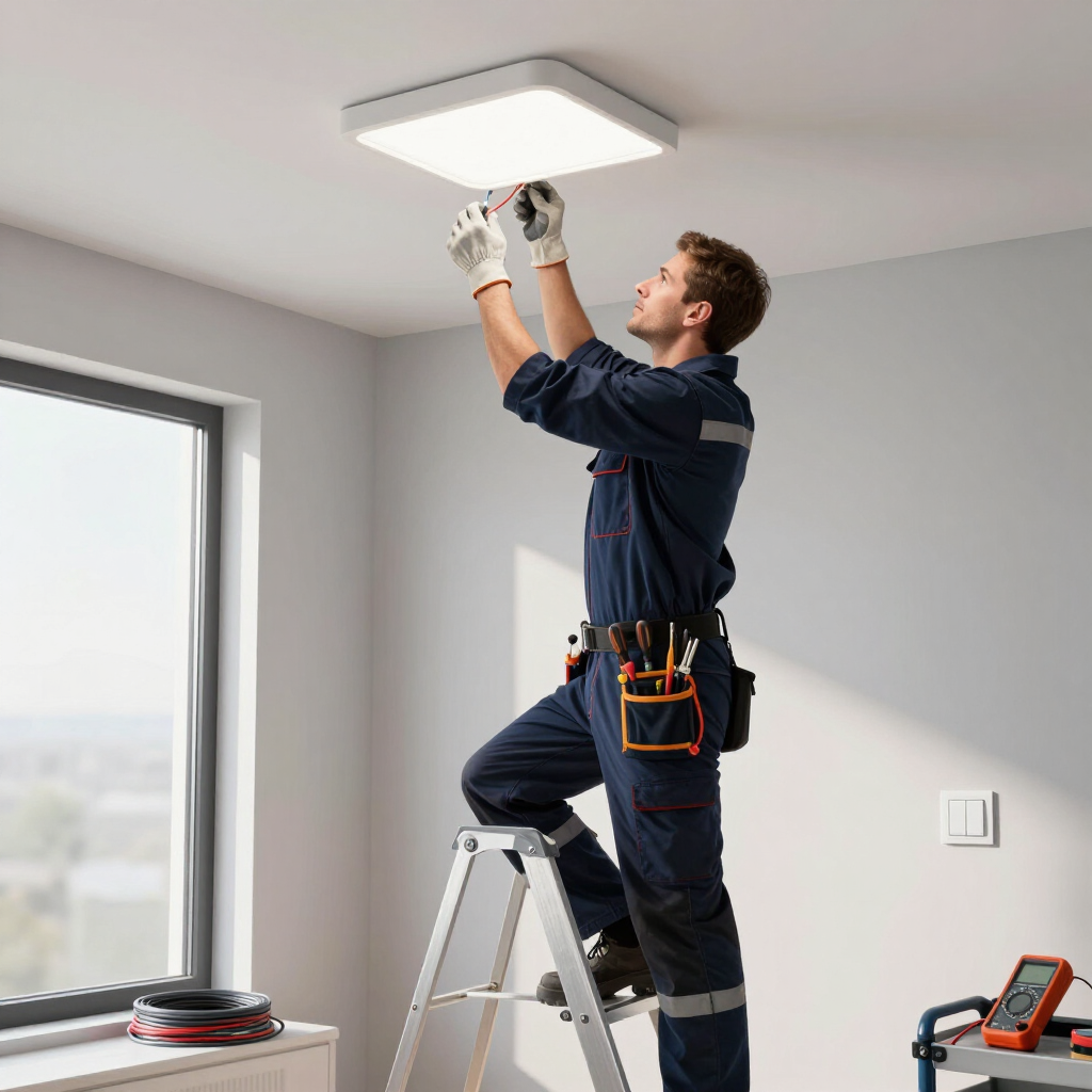 Electrician replacing a ceiling light while standing on a ladder in a room