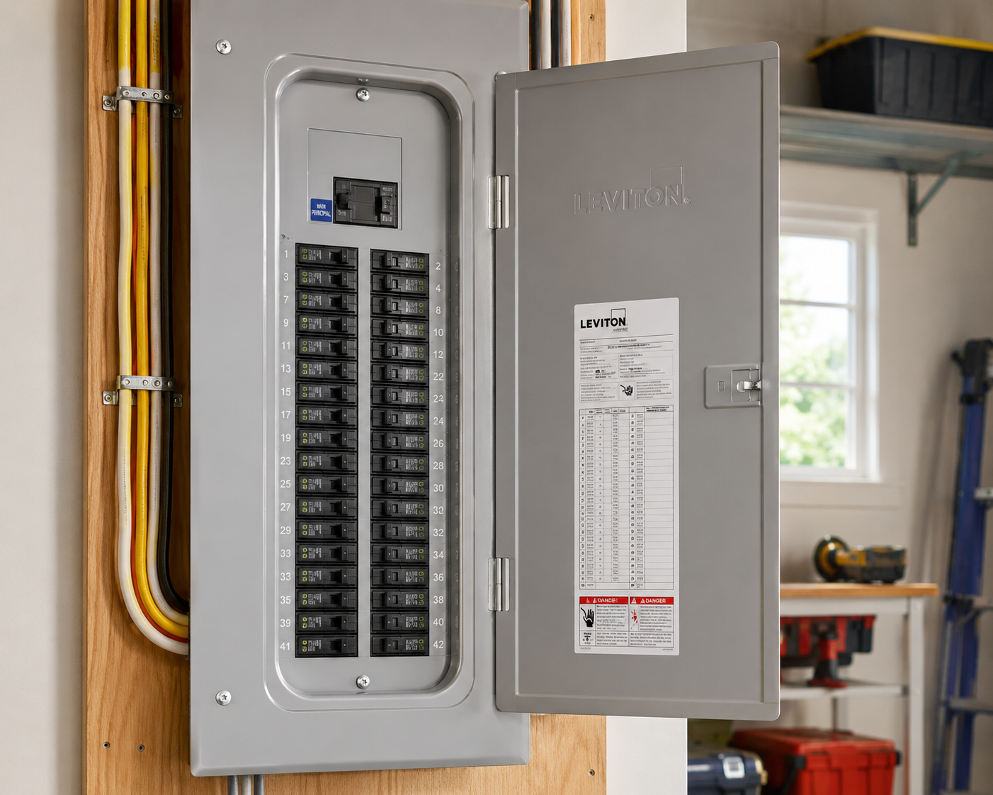 Gloved hands tightening wires in an electrical breaker panel with blue switches