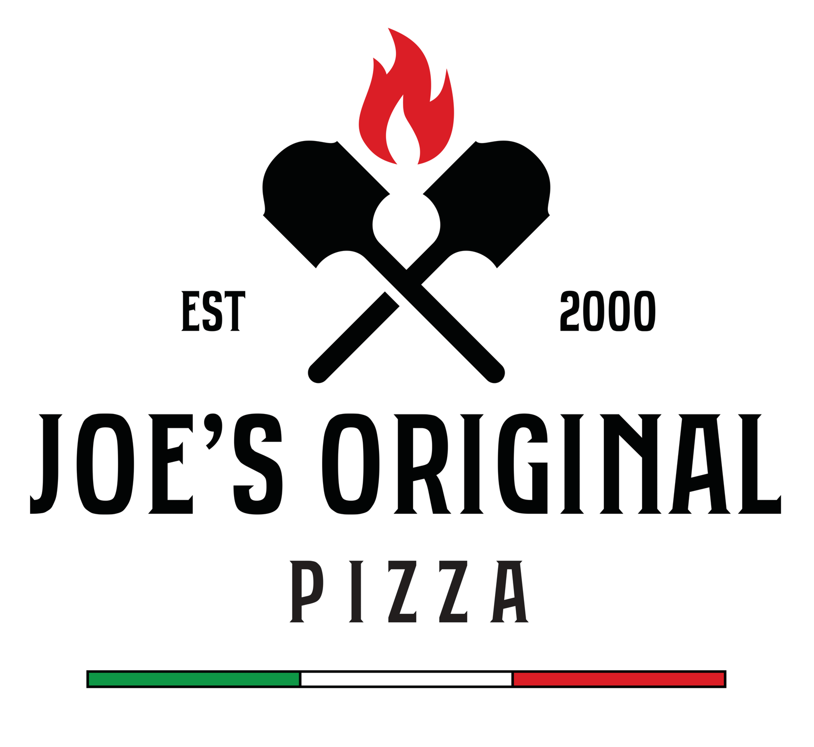 Logo for Joe's Original Pizza: crossed pizza peels with a flame, established 2000, and green/white/red bar.