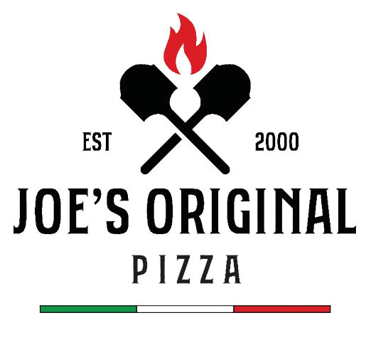 Joe's Original Pizza logo with crossed pizza peels, flames, and Italian flag colors.