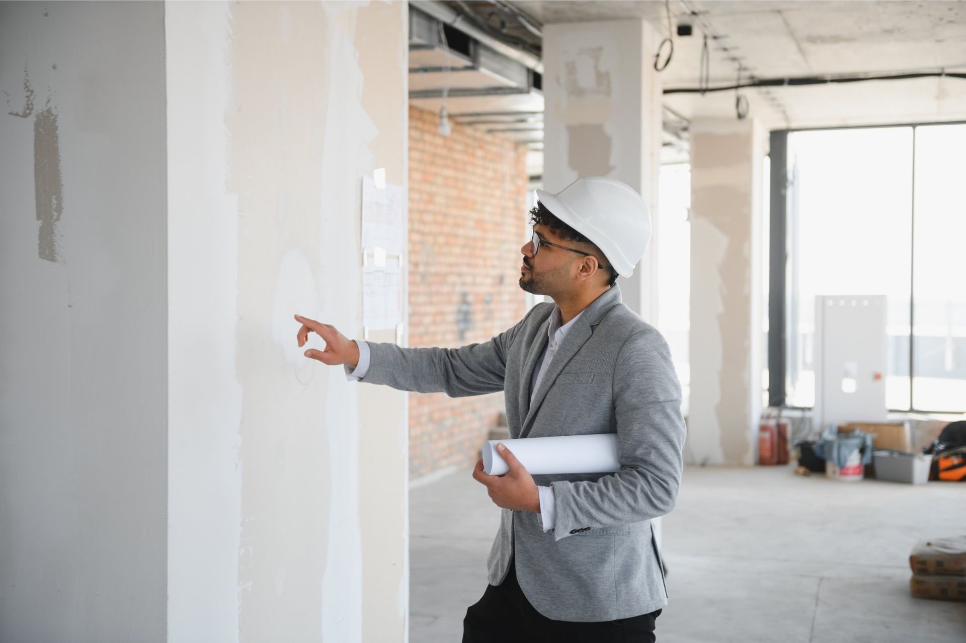 Construction worker in hard hat examining a wall, holding blueprints in a building interior.