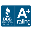 BBB Accredited Business logo: Blue rectangle with a flame and 