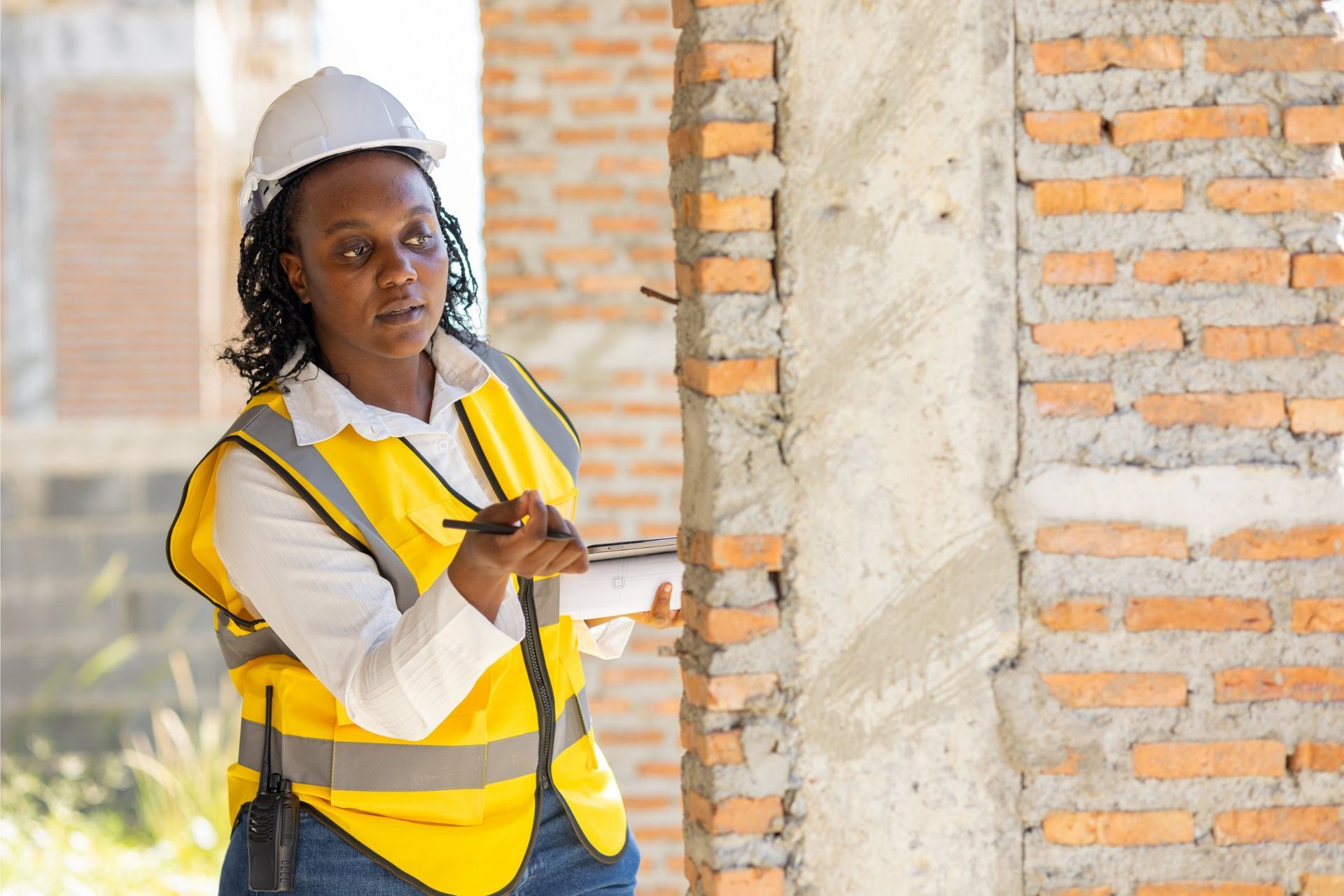Construction worker in hard hat and safety vest inspecting a brick wall, holding a clipboard and pen.