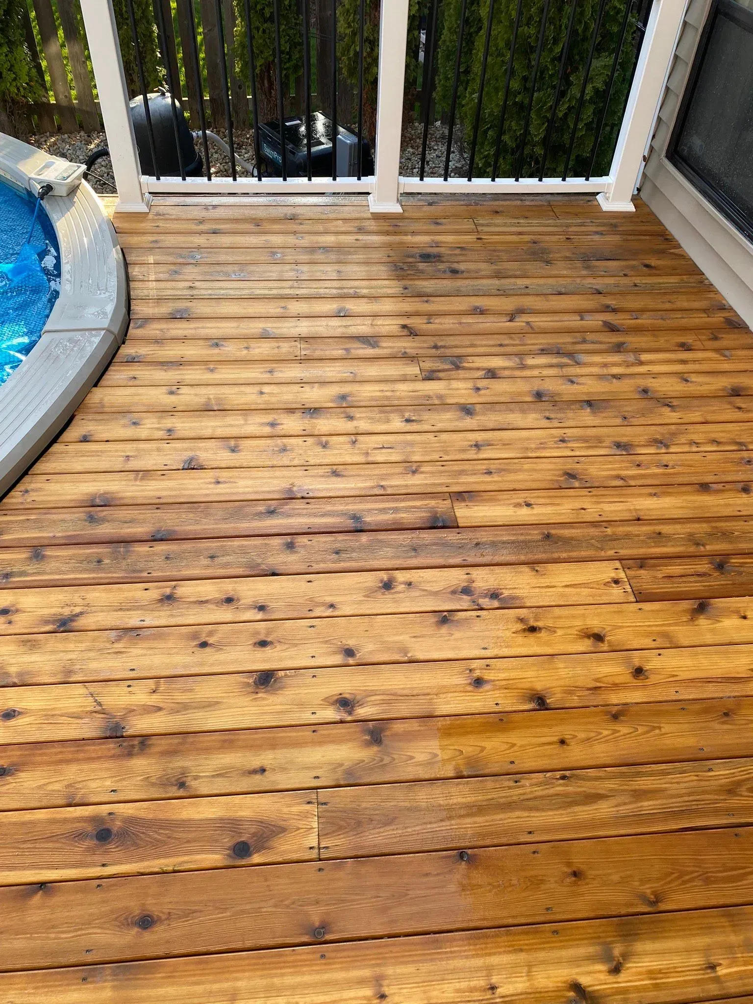 Picture of deck floor cleaning in a Palatine, IL home.  You can see an above image of a cleaned pool deck. 