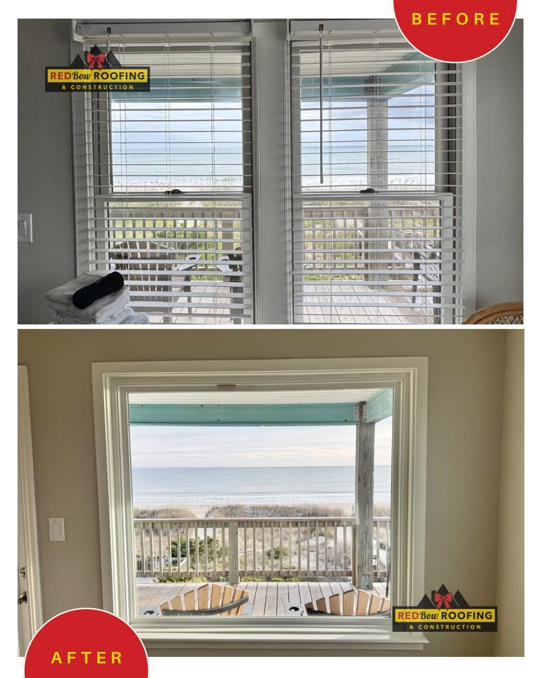 Before-and-after window view: closed blinds replaced by a clear ocean view.
