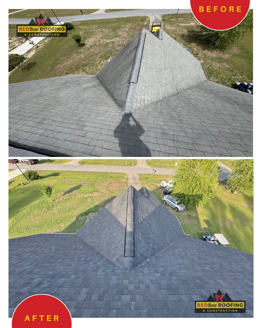 Roof shingles before and after replacement, showing a gray roof with a dormer and improved finish.
