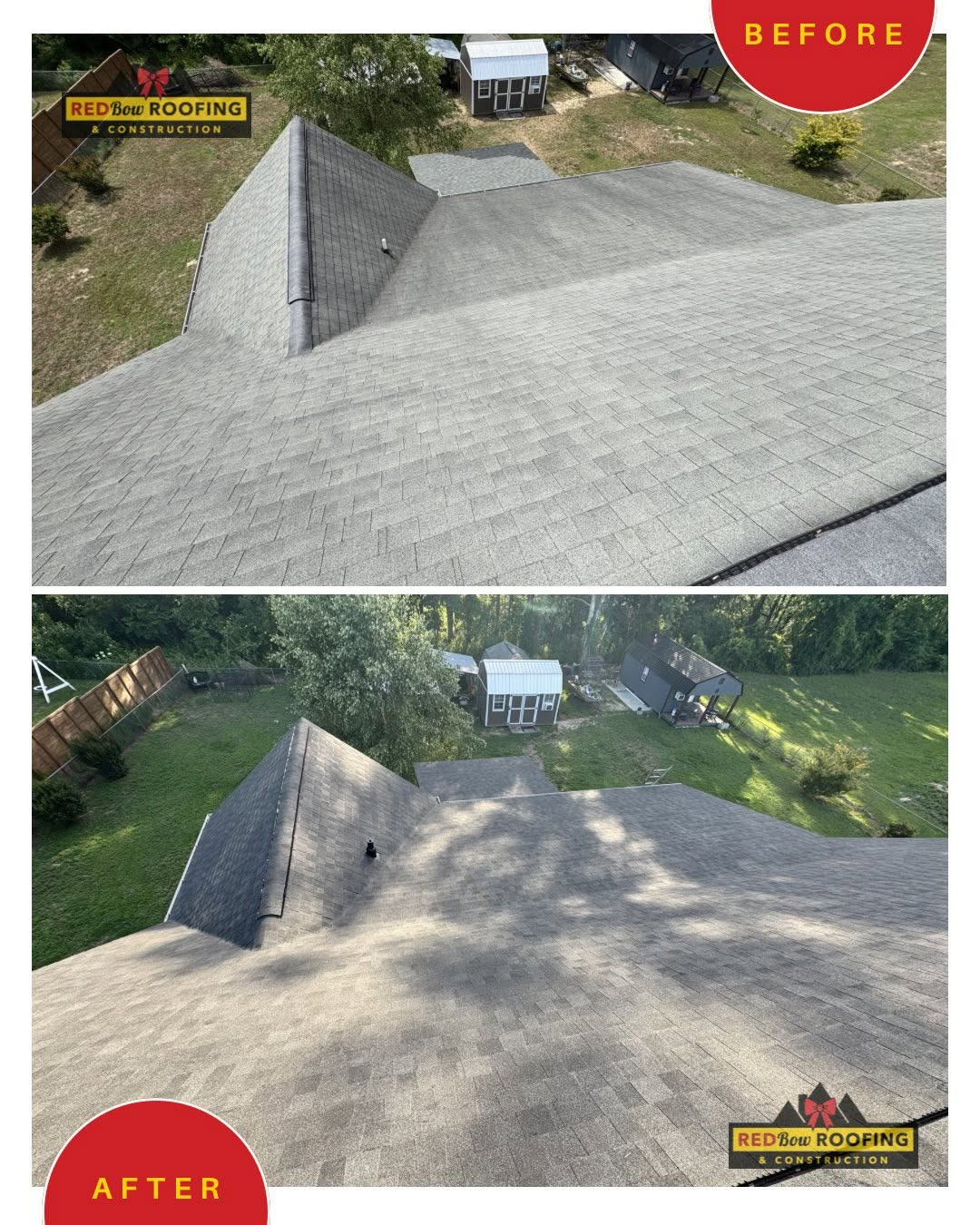 Before-and-after aerial view of a gray roof and yard, showing roof repair and cleanup.