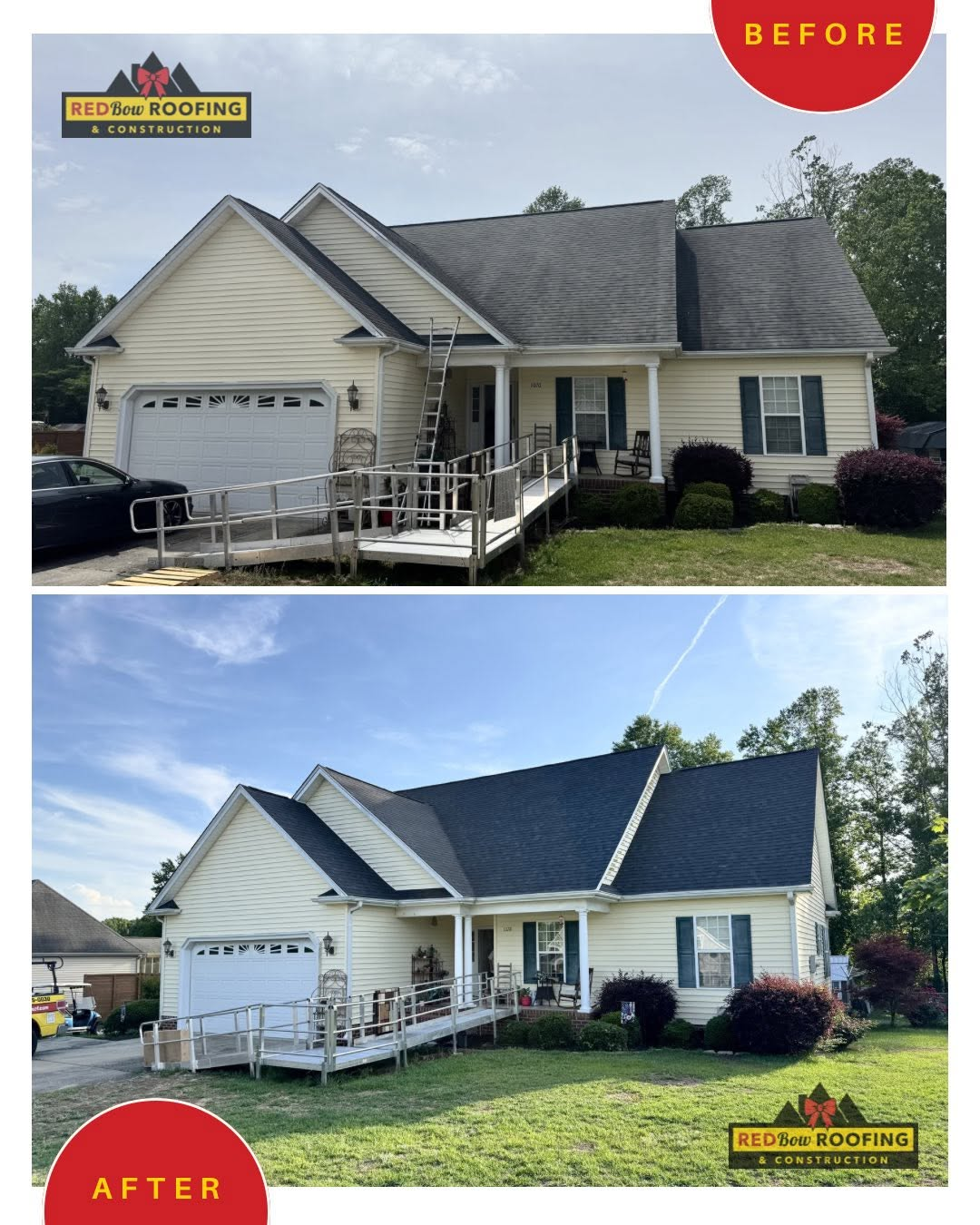 Before-and-after of a house exterior roof replacement with white siding and gray shingles.
