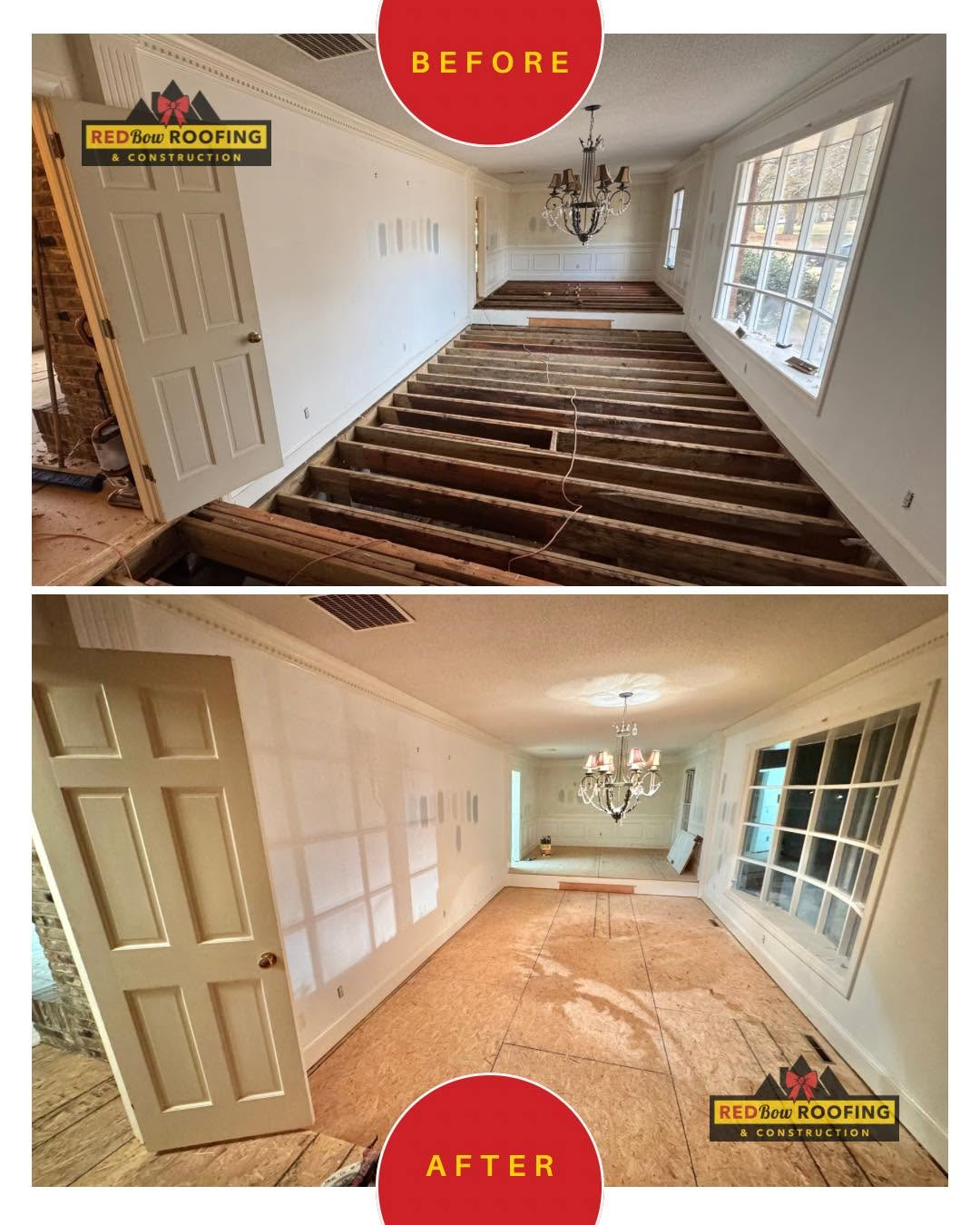 Before-and-after of a room renovation: stripped floor joists, then a finished light-colored room with new flooring.