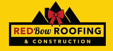 Red Bow Roofing & Construction logo with black roof peaks and a red bow on a yellow background