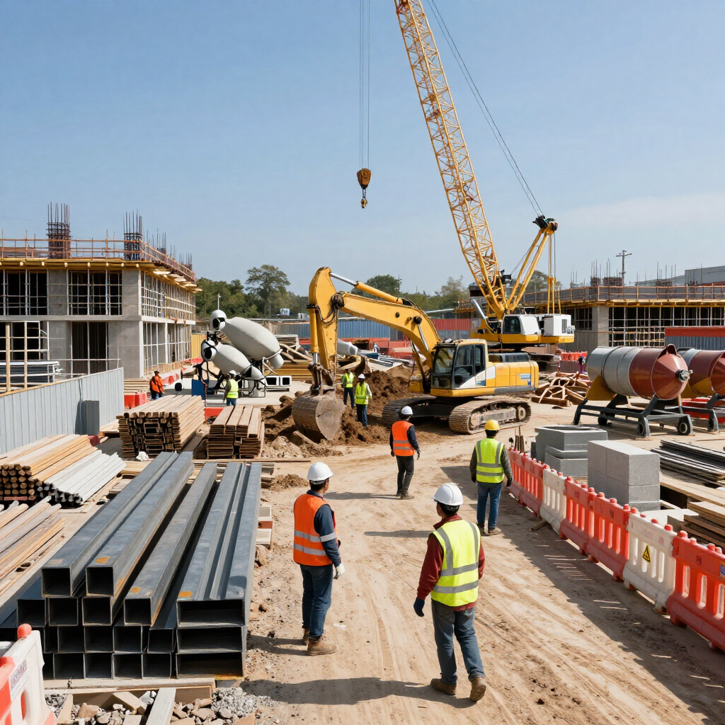 Construction site with workers, cranes, excavator, and stacked steel beams under a clear sky