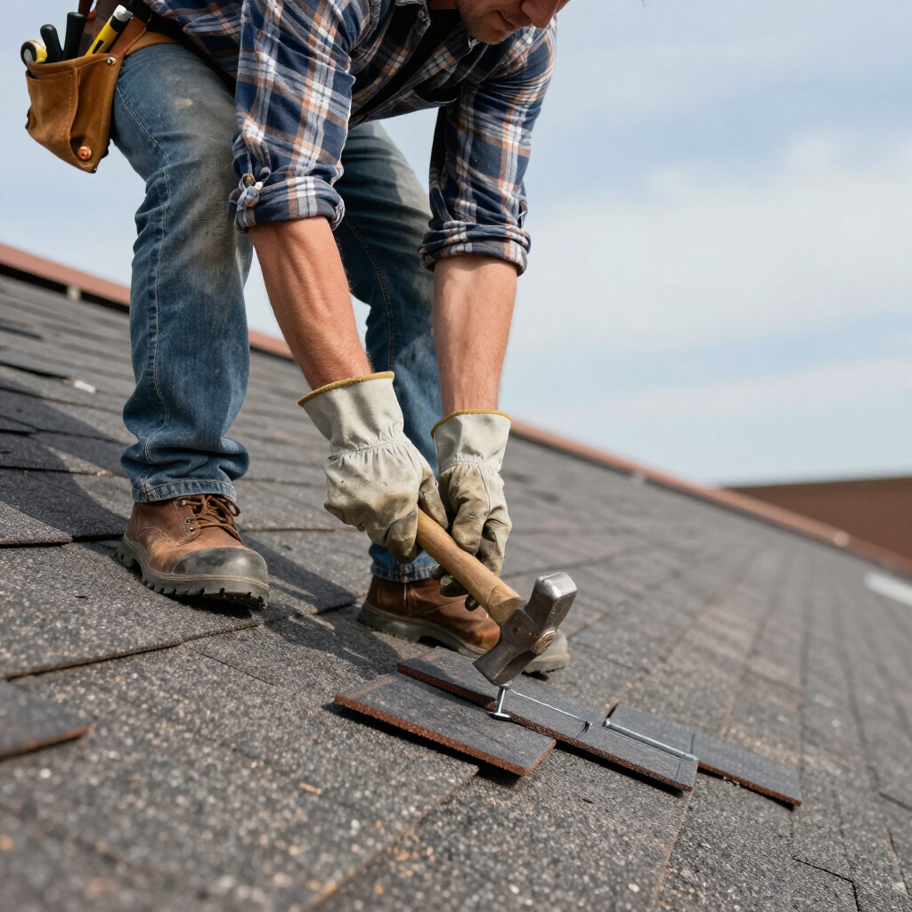 Roofing worker hammering shingles on a sloped roof under a blue sky