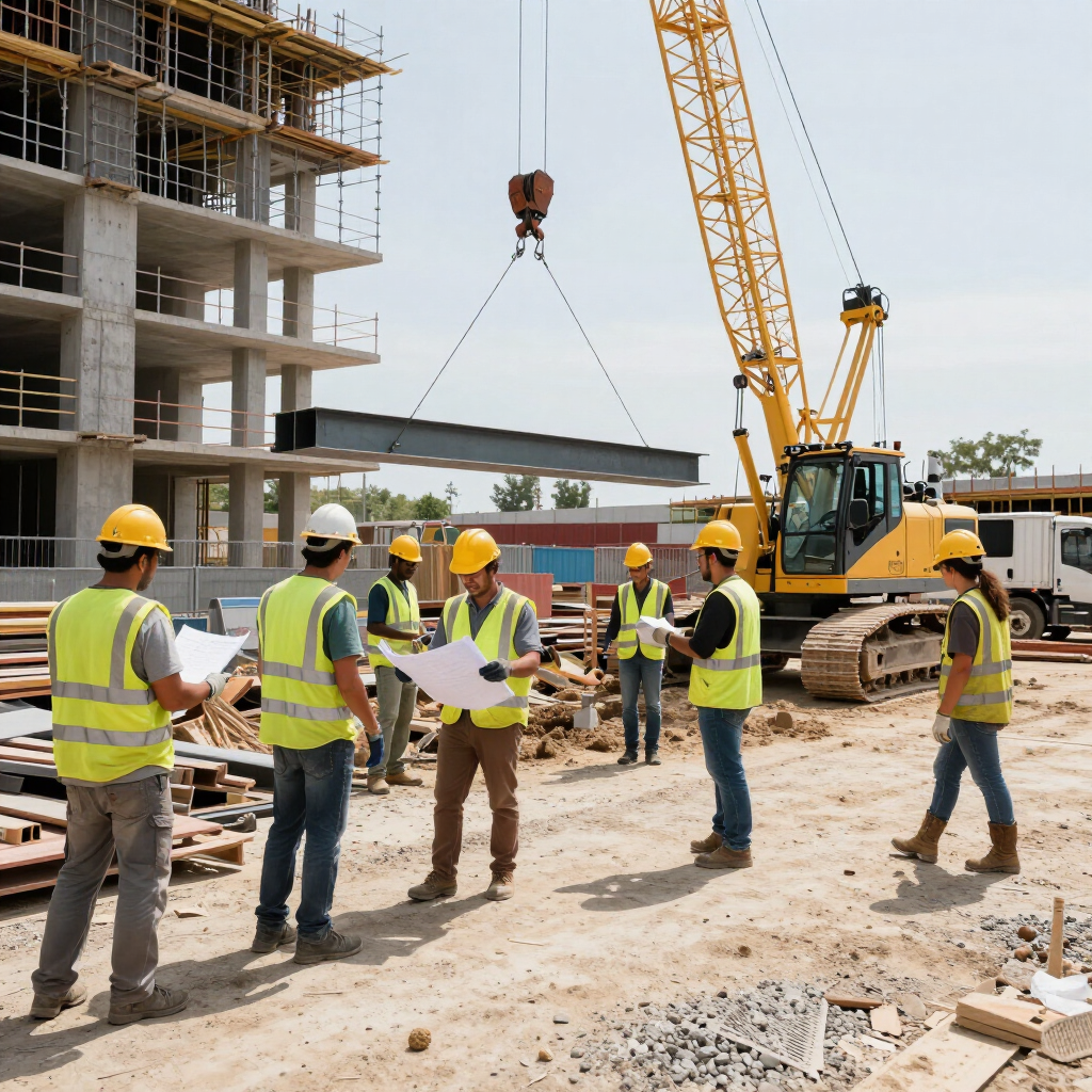 Construction crew reviewing plans beside a crane and building frame on a site