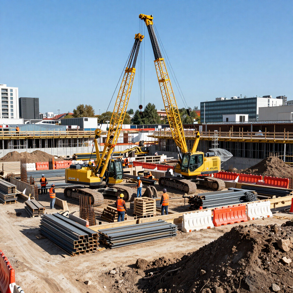 Construction site with cranes, workers, and stacks of materials under a clear blue sky