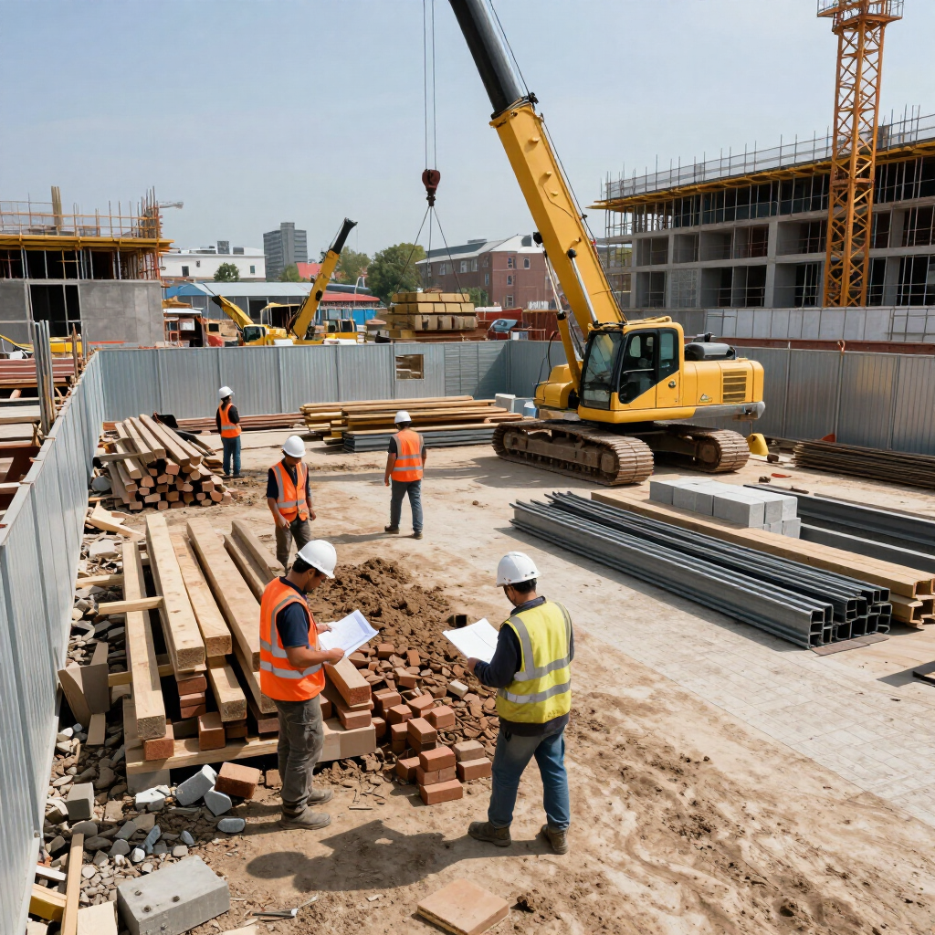 Construction workers stacking bricks at a busy building site with a crane and steel beams.