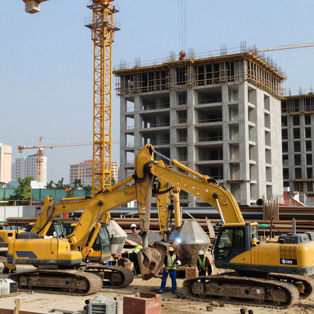 Construction site with yellow excavators and workers in front of a concrete building under construction
