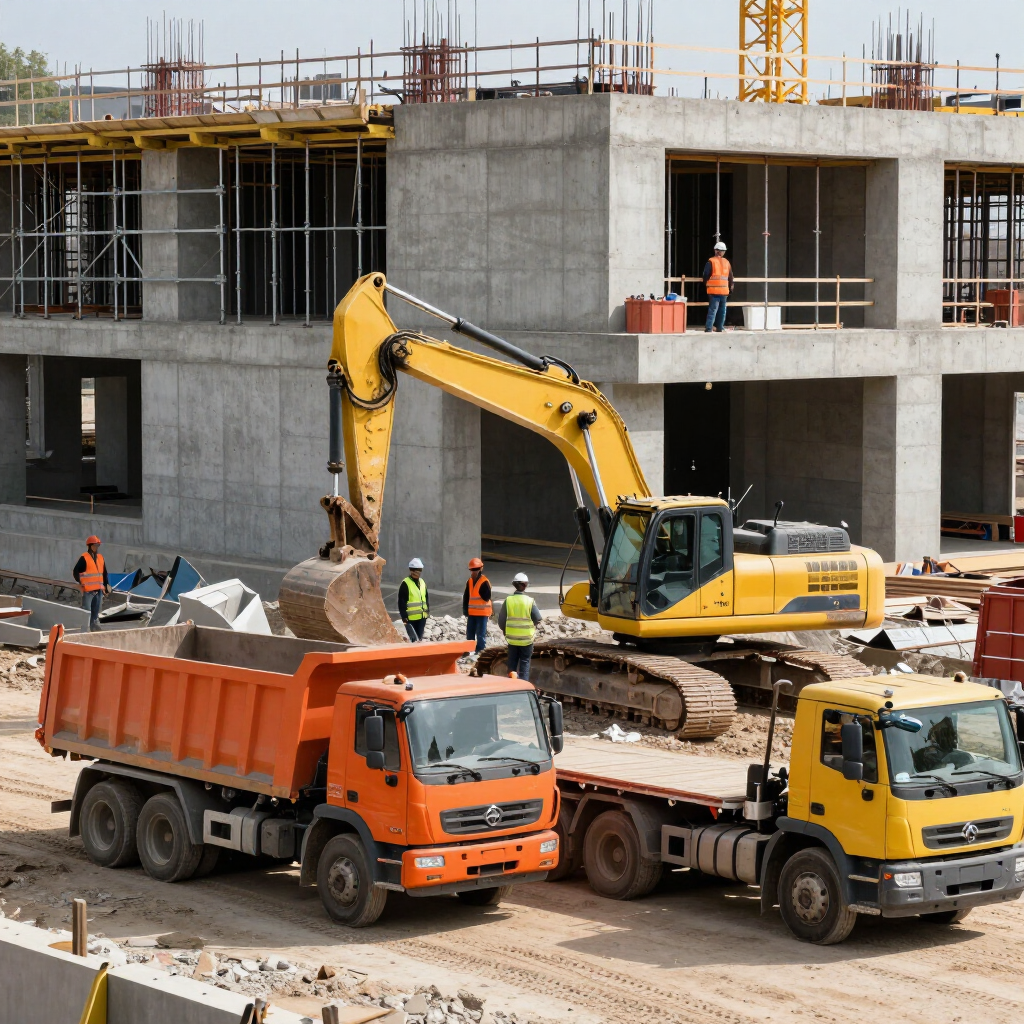 Construction site with excavator, orange dump truck, and workers outside a concrete building