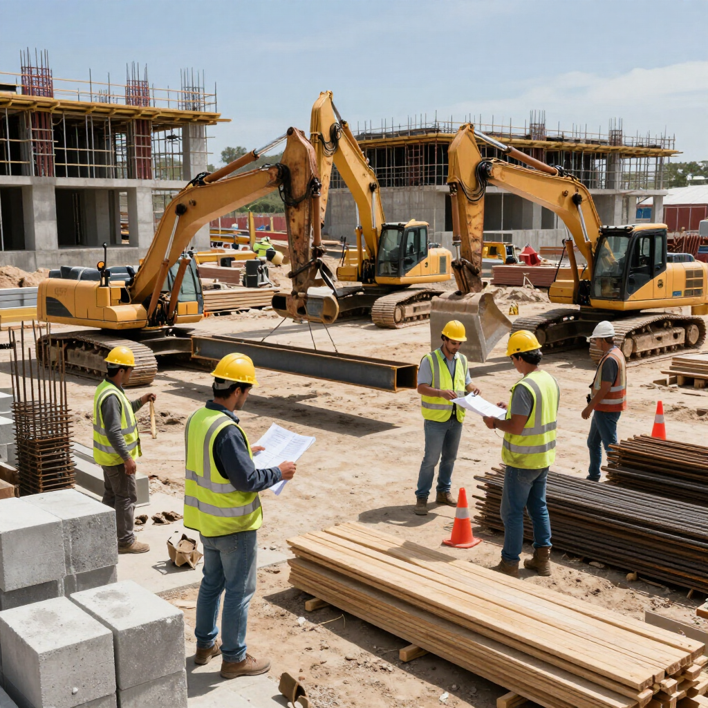 Construction workers and excavators on a building site with lumber, rebar, and safety cones