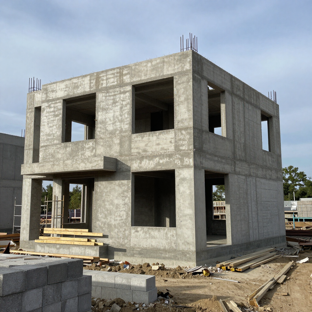 Unfinished two-story concrete building under construction on a cleared site with exposed rebar and open window frames