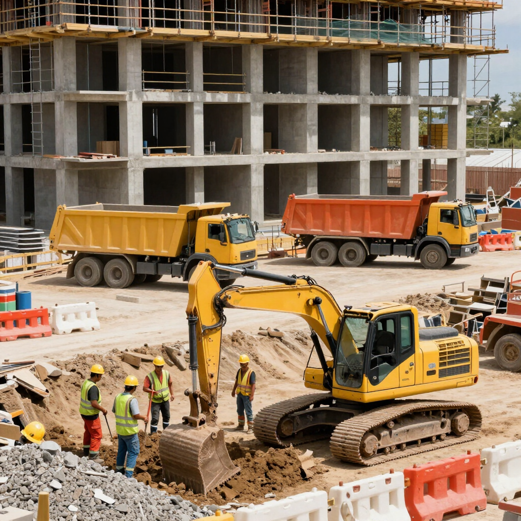 Construction site with excavator, workers in safety vests, dump trucks, and unfinished concrete building