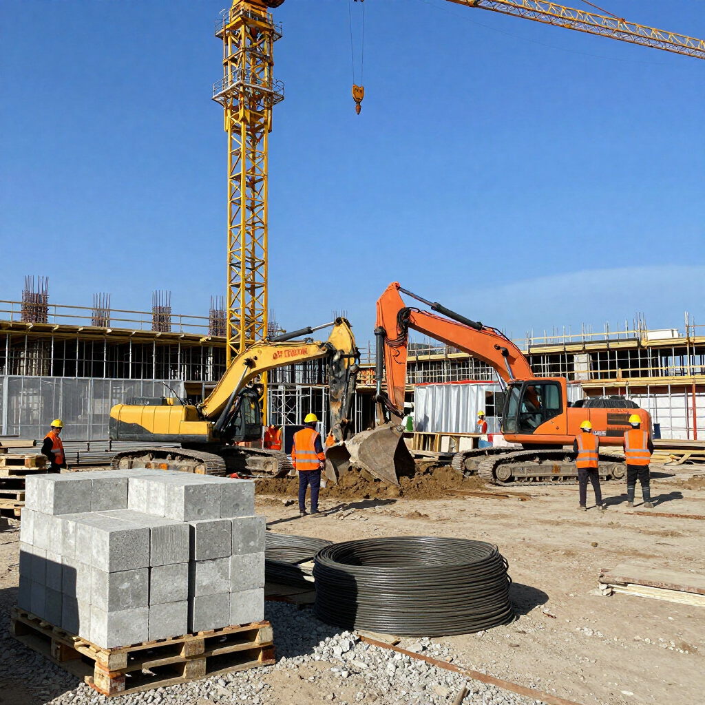 Construction site with excavators, crane, workers in orange vests, and stacked concrete blocks under a blue sky
