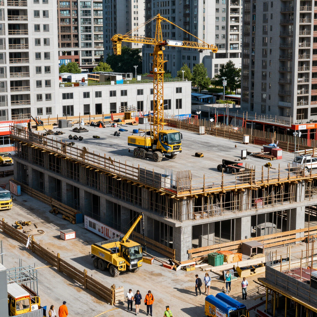 Construction site with cranes and workers on a concrete building in a city setting