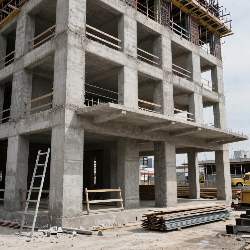 Partially built concrete apartment building with scaffolding, ladders, and construction materials around it
