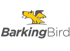 Yellow, winged dog-bird logo, barking. The company name 