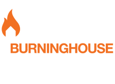 Logo: Orange flame above a house silhouette; 