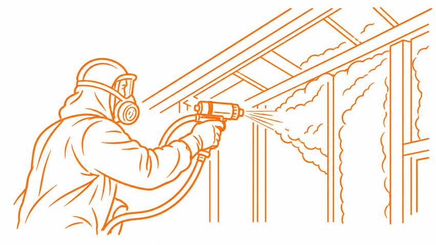 Orange line-art illustration of a spray foam insulation technician applying foam to wall cavities inside a residential building.